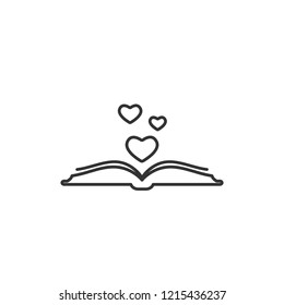 Open Book With Pages And Hearts Flying Out. Isolated On White Background. Bibliophile Flat Line Icon. Vector Illustration. Love Reading Logo. Romantic Book Pictogram. Black And White.