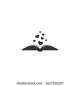 Open book with pages and hearts flying out.  Isolated on white background. bibliophile flat icon. Vector illustration. Love reading logo. Romantic book pictogram. Black and white.