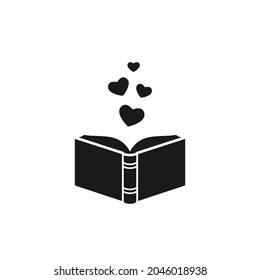 Open book with pages and hearts flying out.  Isolated on white background. bibliophile flat icon. Vector illustration. Love reading logo. Romantic book pictogram. Black and white.