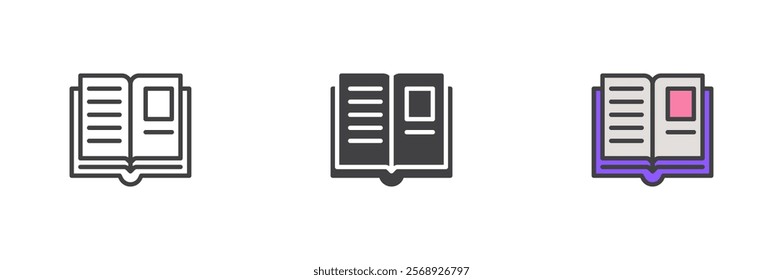 Open book pages icon. Education line and glyph version, outline and filled vector sign. linear and full pictogram. Reading, library symbol, logo illustration. Different style icons set