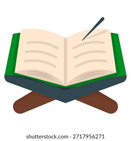 An open book with pages and lines representing text, resting on a dark green stand with brown legs, and a black quill placed on the right page.