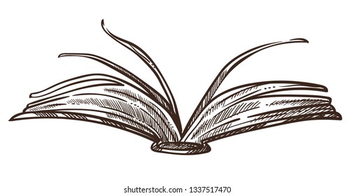 Open Book with pages and paper monochrome sketch outline vector isolated icon in flat style colorless publication volume textbook with hard cover with information on subject and school supplies
