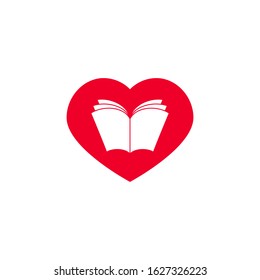 Open book with pages in red hearts.  Isolated on white background. bibliophile flat icon. Vector illustration. Love reading logo. Romantic book pictogram. 