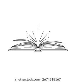 Um livro aberto com páginas espalhadas, emanando raios de luz, simbolizando conhecimento, sabedoria e o poder do aprendizado. Arte em preto e branco.