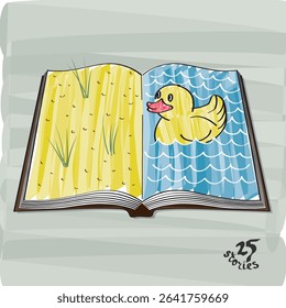 Open Book Pages Telling Story of Rubber Duck Swimming in Water near Shore Symbolic Surrealistic Concept from 25 Stories Edition - Multicolor on Green Grey Background - Vector Hand Drawn Graphic Design