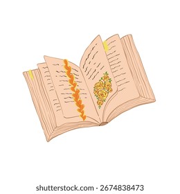 Abrir livro e páginas com texto, marcadores separando páginas no livro. Conceito de educação. Desenho de linha. Abra o sinal do livro. Páginas voadoras. Dia Mundial do Livro