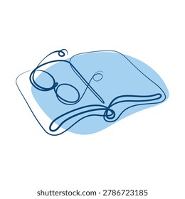 An open book and a pair of reading glasses are rendered in a continuous line art style on a white background.