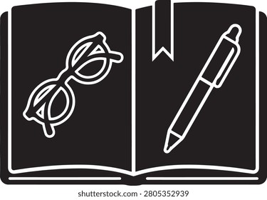 Open book with a pair of reading glasses and a pen, black and white representing education, literature, and study