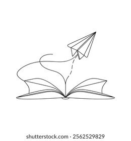 
An open book with a paper airplane soaring above its pages Continuous line art flat vector illustration on white background.