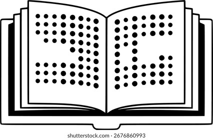 Libro abierto con un patrón de puntos formando letras.