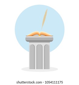 Open book with pen or feather on stone gray column. Logo for literature club, shop, library, school, lawyer firm.
Modern flat style vector illustration icons. 
Isolated on white background.