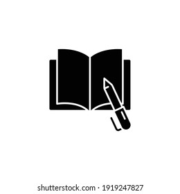 Open book with pen glyph icon. Testimonials and customer relationship management concept. Simple solid style. Vector illustration isolated on white background. EPS 10.