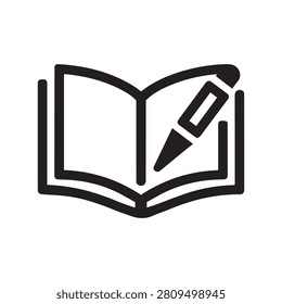 Open book with a pen icon, symbol for writing, education, notetaking, or journaling