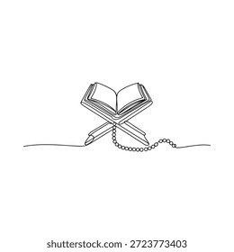 Um livro aberto com uma caneta e contas de oração islâmicas um esboço minimalista