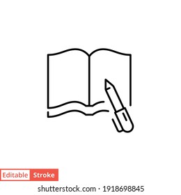 Öffnen Sie das Buch mit dem Symbol für die Fülllinie. Referenzen und Kundenbeziehungsmanagement-Konzept. Einfache Kontur. Vektorgrafik einzeln auf weißem Hintergrund. Bearbeitbarer Strich EPS10. 
