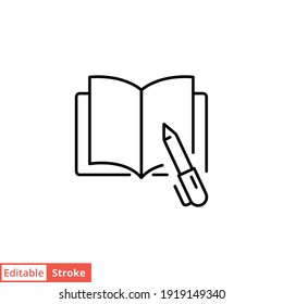 Open Book With Pen Line Icon. Testimonials And Customer Relationship Management Concept. Simple Outline Style. Vector Illustration Isolated On White Background. Editable Stroke EPS 10. 