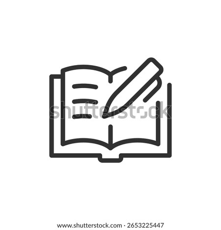 Open book and pen linear icon. writing, learning, or note-taking. Editable stroke.