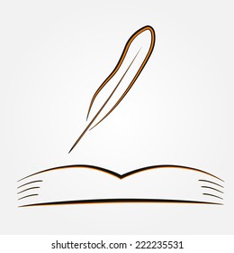 The open book and pen is on the white background. The concept of learning