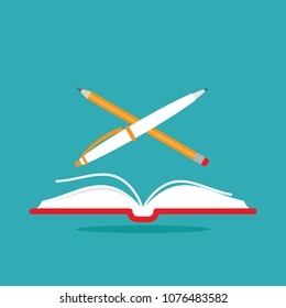 Open book with pen and pencil. Isolated on blue background. Vector flat illustration. reading and learning power logo. creative work