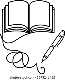Libro abierto con la pluma y la ilustración del arte de la línea del garabato