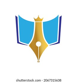 An open book and a pen. Template for logo, emblem and sticker. Vector illustration.