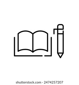 Abra el libro y la pluma. Escribir, estudiar y aprender. Icono de Vector perfecto