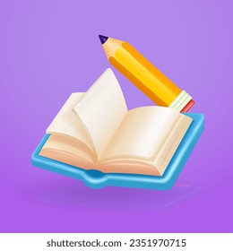 Abrir libro con lápiz, vector 3d. Adecuado para elementos educativos y conceptos de aula en línea