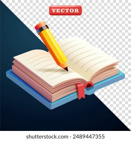 Open book and pencil, 3d vector. suitable for education and design elements