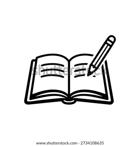 Open book with pencil black and white vector icon for education and office design