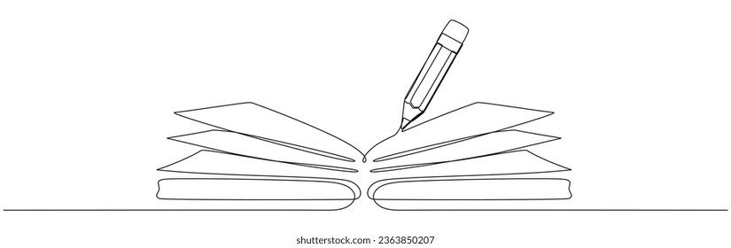 Open book with pencil continuous one line art drawing. Notebook linear drawn. School education concept. Vector illustration isolated on white.