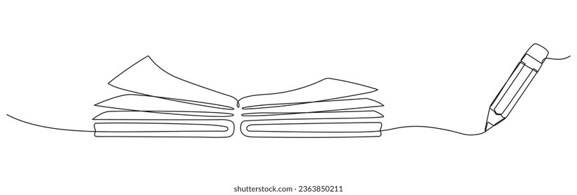 Abrir libro con lápiz de dibujo continuo de una línea. Dibujo lineal de bloc de notas. Concepto de educación escolar. Ilustración vectorial aislada en blanco.