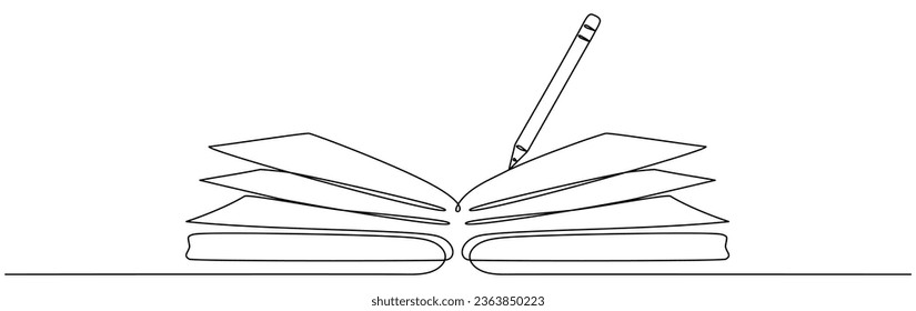Open book with pencil continuous one line art drawing. Notebook linear drawn. School education concept. Vector illustration isolated on white.