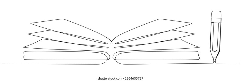 Open book with pencil continuous one line art drawing. Notebook linear drawn. School education concept. Vector illustration isolated on white.