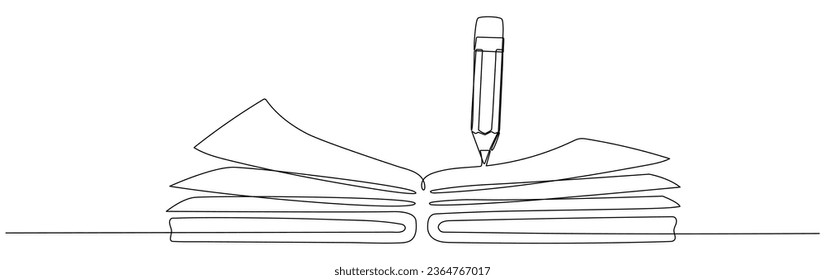 Open book with pencil continuous one line art drawing. Notebook linear drawn. School education concept. Vector illustration isolated on white.
