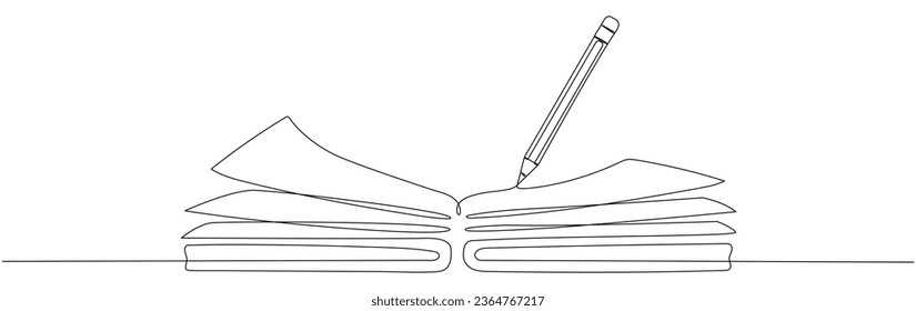 Open book with pencil continuous one line art drawing. Notebook linear drawn. School education concept. Vector illustration isolated on white.