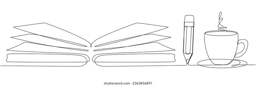 Libro abierto con lápiz y taza de café dibujo continuo de una línea. Dibujo lineal de bloc de notas. Ilustración vectorial aislada en blanco.