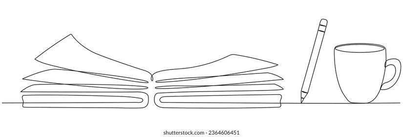 Open book with pencil and cup of coffee continuous one line art drawing. Notebook linear drawn. Vector illustration isolated on white.