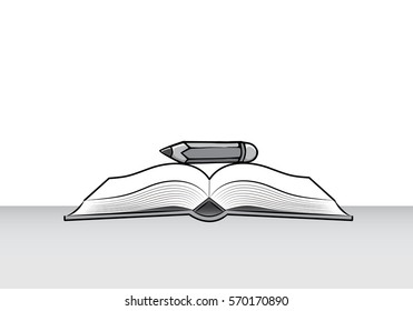 Open book and pencil. Drawing of stationery on the table in doodle style. Concept for education.