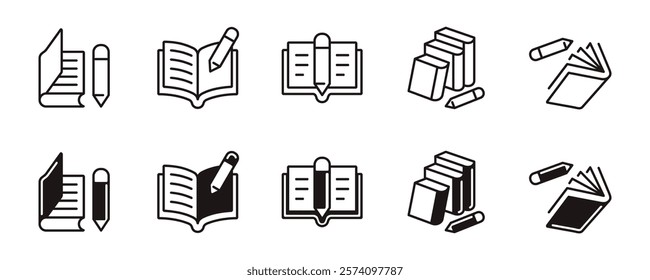 open book and pencil icon line set education study writing task learning school literature signs vector outline illustration