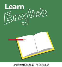 Open Book And Pencil In Learn English Concept-vector