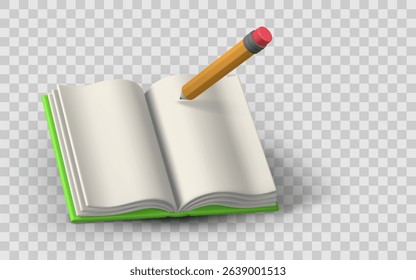 Open Book With Pencil On Transparent Background, 3D Realistic Style, Perfect For Education, Learning, Writing, Or School Concepts. Minimal And Clean Design. Vector Illustration.