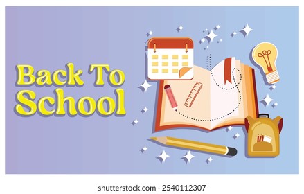 Open the book with pencil scribbles. Yellow backpack with school supplies and light bulbs. Back To School concept. Flat vector illustration.