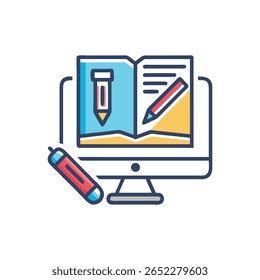 An open book with pencils is displayed on the computer screen in flat design style.