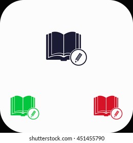 Open book with a pensil Illustration set. Blue, green, red icon.