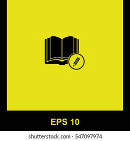 Open book with a pensil vector black icon. Isolated illustration. Business picture.