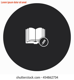 Open book with a pensil web icon. Gray circle button with white illustration.