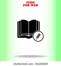 Open book with a pensil web icon. Black illustration on white background