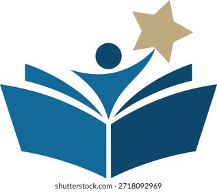 Libro abierto con persona y estrella que simboliza la educación y el conocimiento en un diseño plano simple