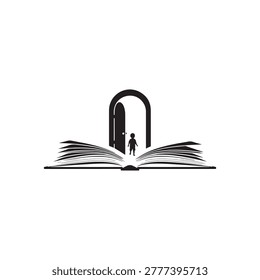 Open book with a person walking through a magical archway, symbolizing a journey into another world, fantasy concept.