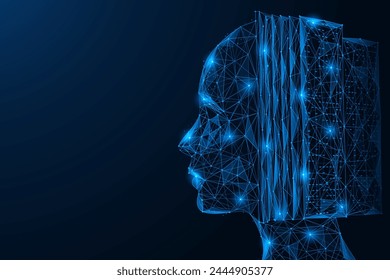 An open book in a person's head. Polygonal design of interconnected lines and dots. Blue background.